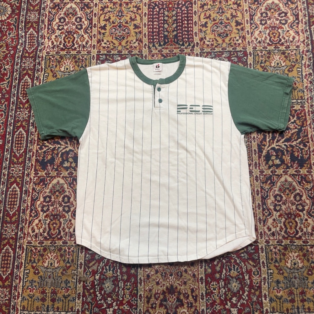 VTG 00s Badger Sport Green White Pinstripe Henley Baseball Jersey Shirt Size L